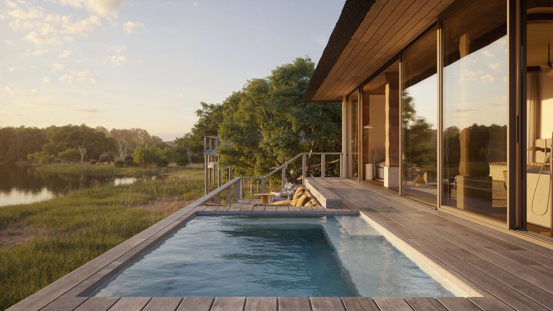 A private plunge-pool suite at golden hour with an elephant at the waterhole beyond — luxury African safari honeymoon packages, tailor-made and priced
