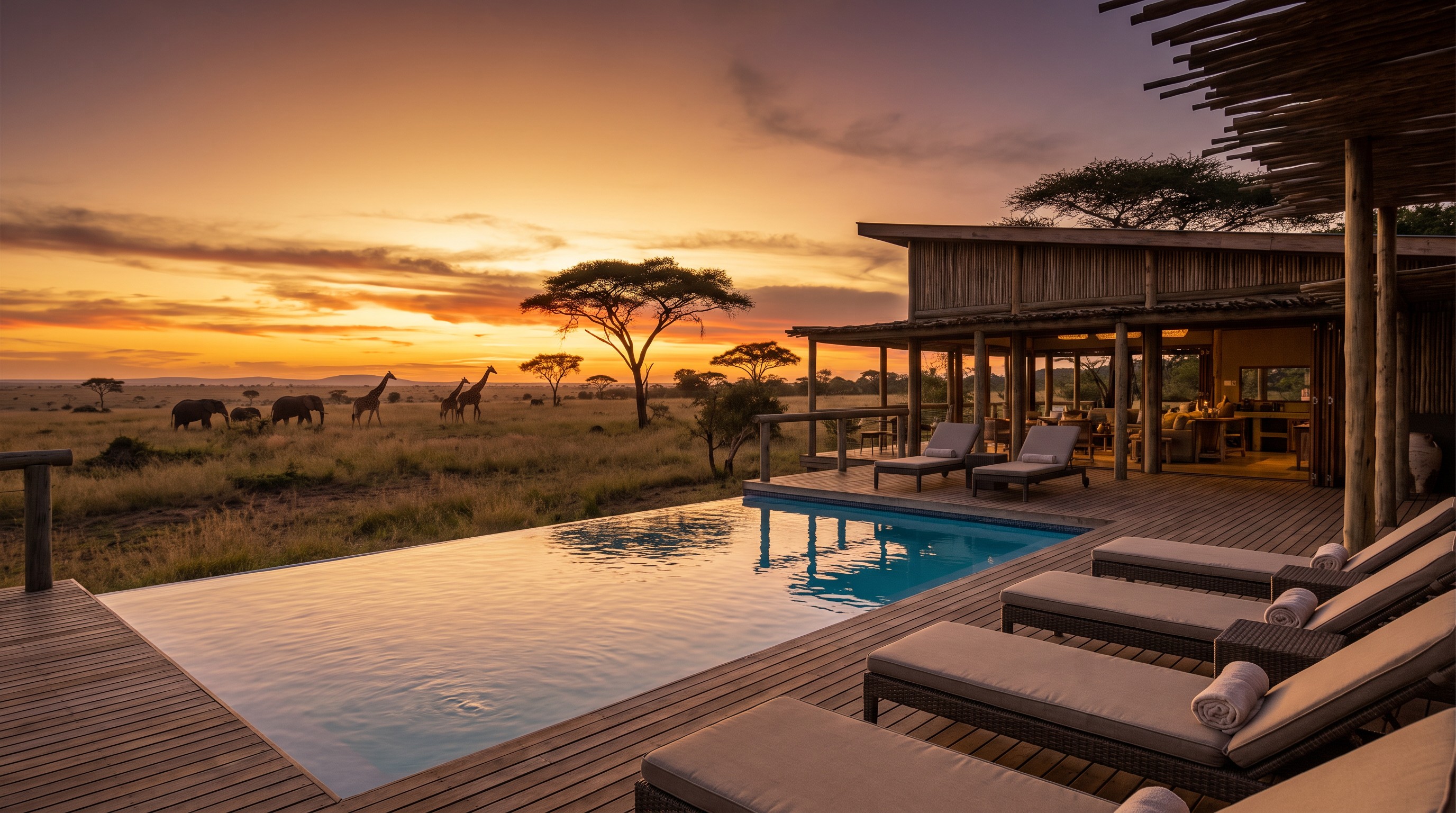 A luxury safari lodge suite deck overlooking an African floodplain at golden hour, with elephants on the horizon