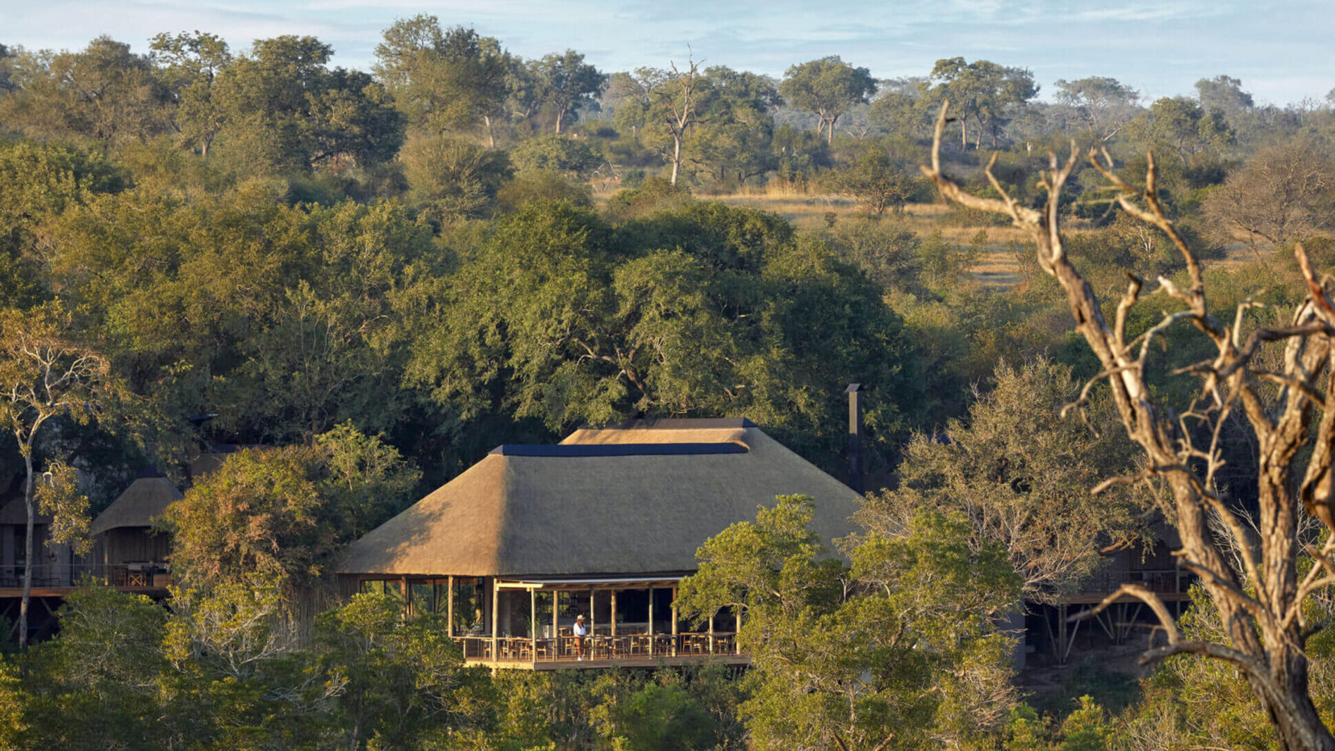 A golden-hour luxury safari lodge deck overlooking the African bush