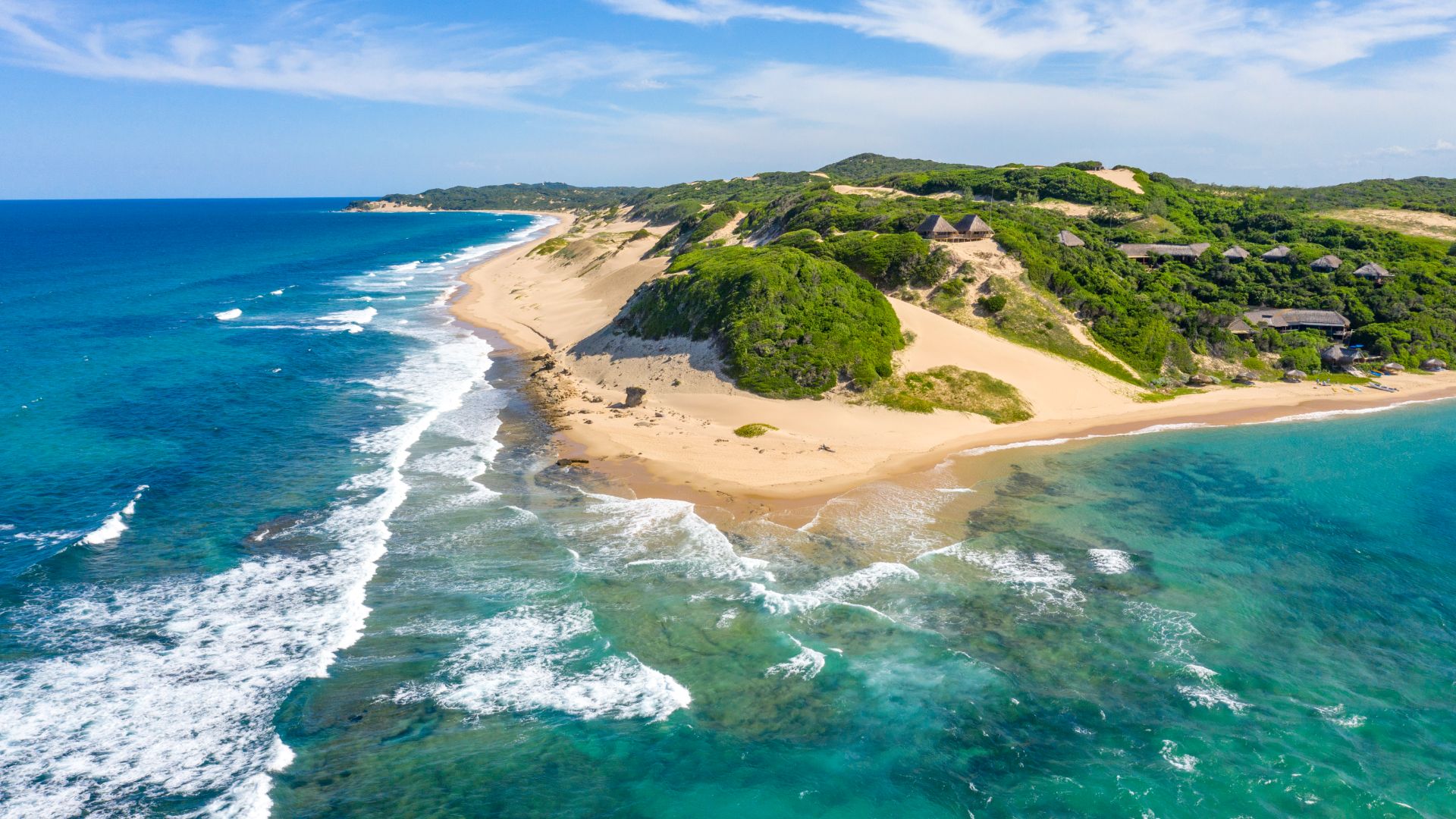 Aerial view of Machangulo Beach Lodge on the Santa Maria Peninsula, southern Mozambique — barefoot luxury at the center of 5 marine and nature reserves, Maputo Bay