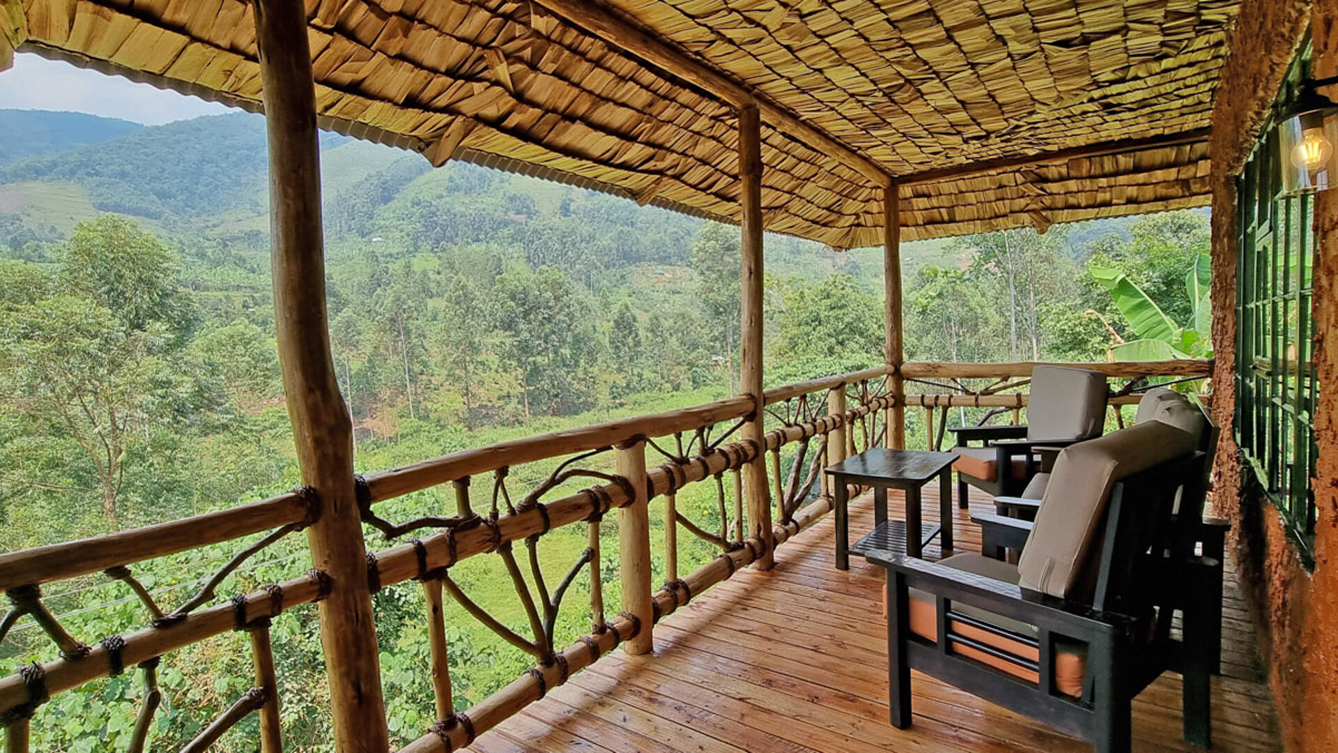 Mahogany Springs suite terrace overlooking the Munyaga River valley and Bwindi forest