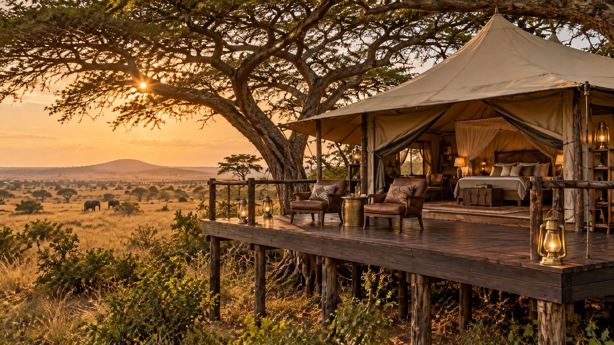 Mara Nyika Camp tented suite raised on a wooden platform under an acacia canopy at golden hour in the Naboisho Conservancy