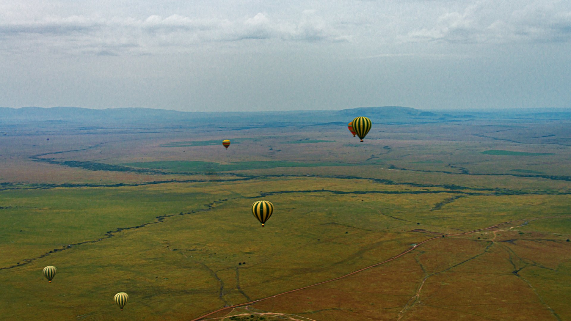 A hot air balloon rising over the Masai Mara at golden hour