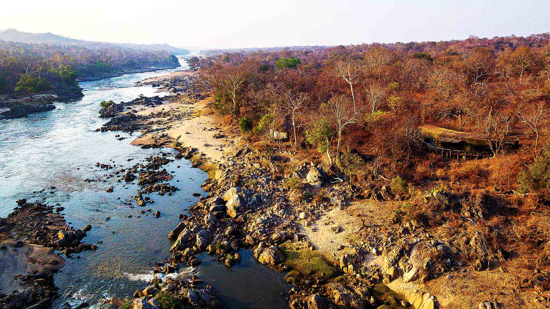 Aerial view of the Shire River gorge winding through Majete Wildlife Reserve, Malawi