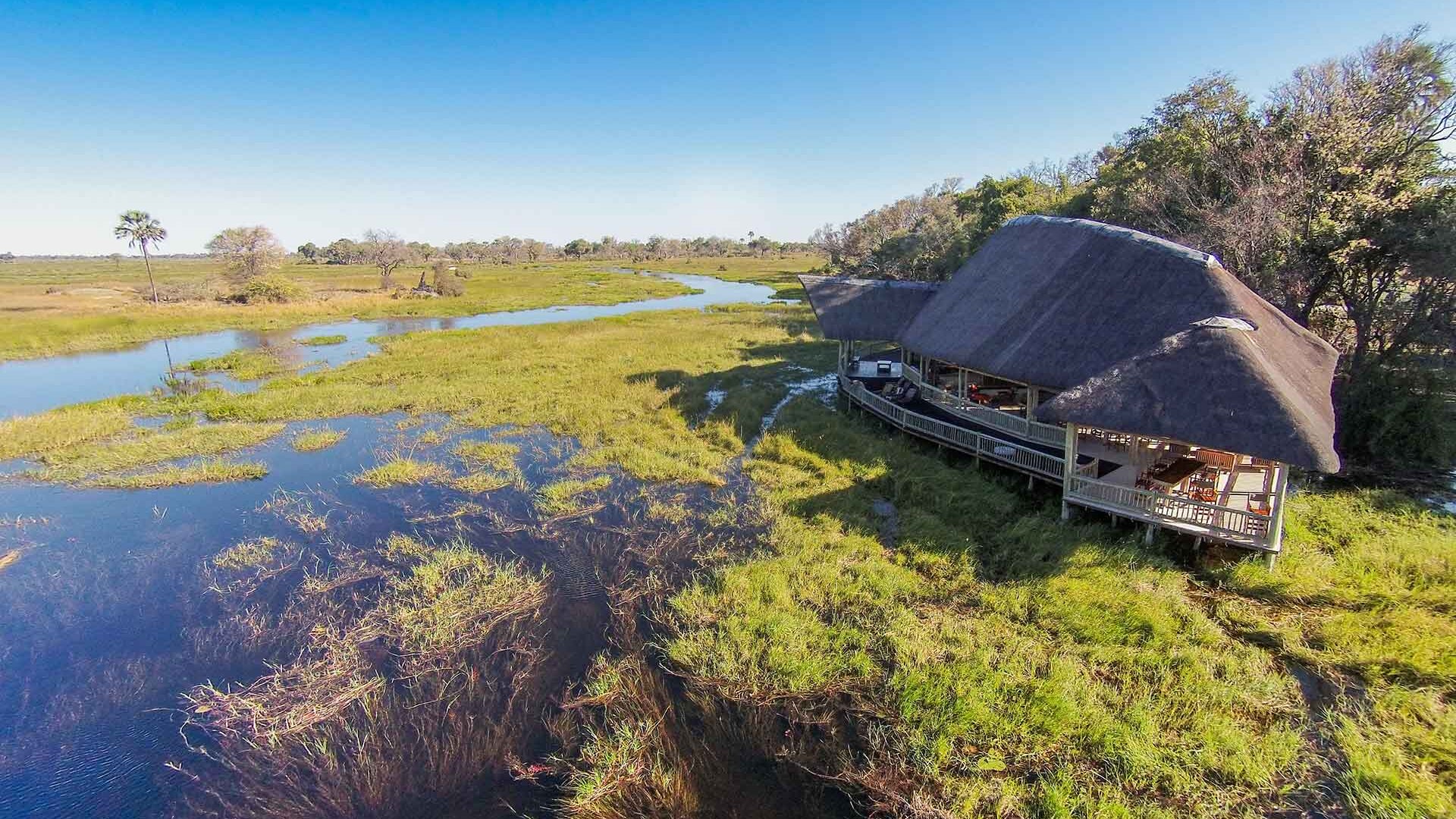 Mokoro canoe gliding through the papyrus-lined waterways of the Okavango Delta near Moremi Crossing