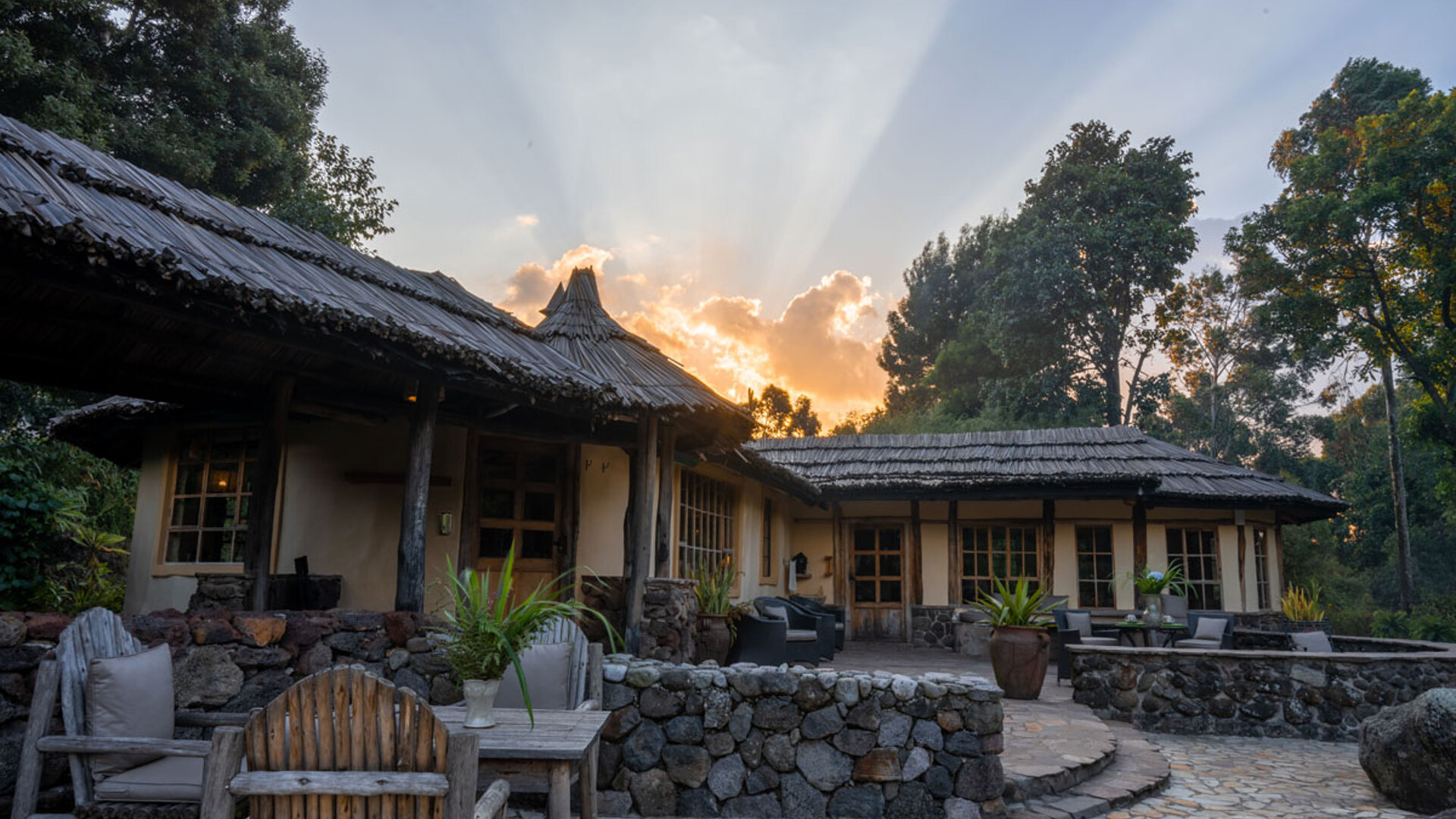 Mount Gahinga Lodge beneath the three Virunga volcanoes at Mgahinga, Uganda