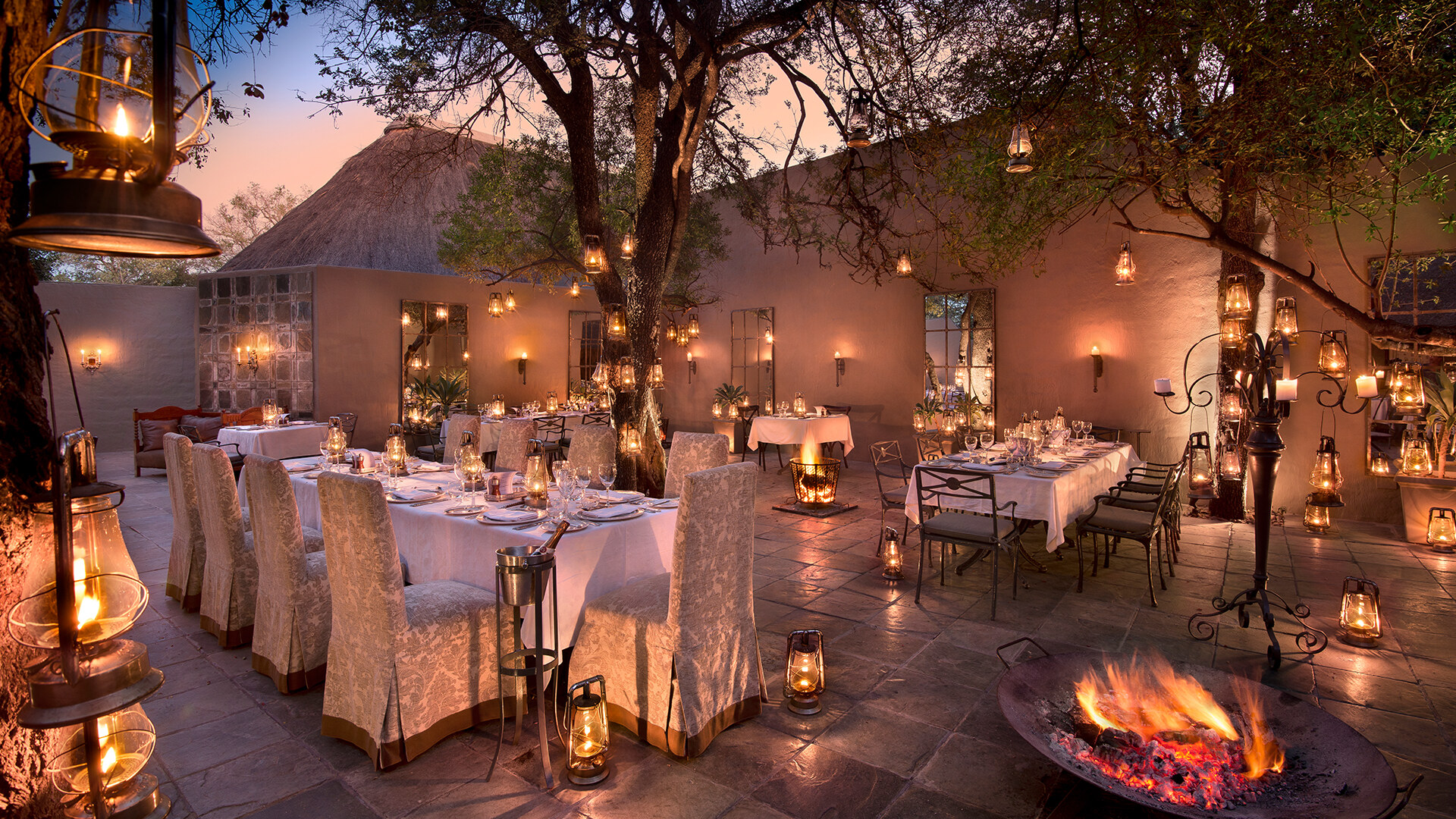 The courtyard dining area at andBeyond Ngala Safari Lodge on its private concession inside the Kruger National Park