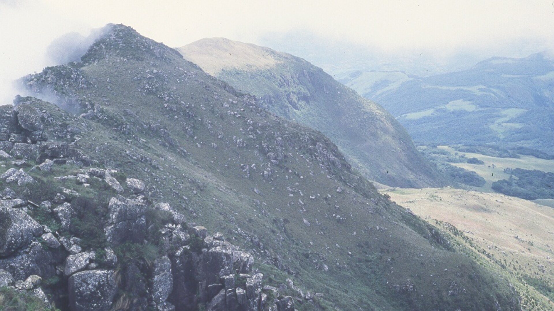 Misty summit of Mount Nyangani, Zimbabwe's highest peak, rising above the green downs of Nyanga in the Eastern Highlands