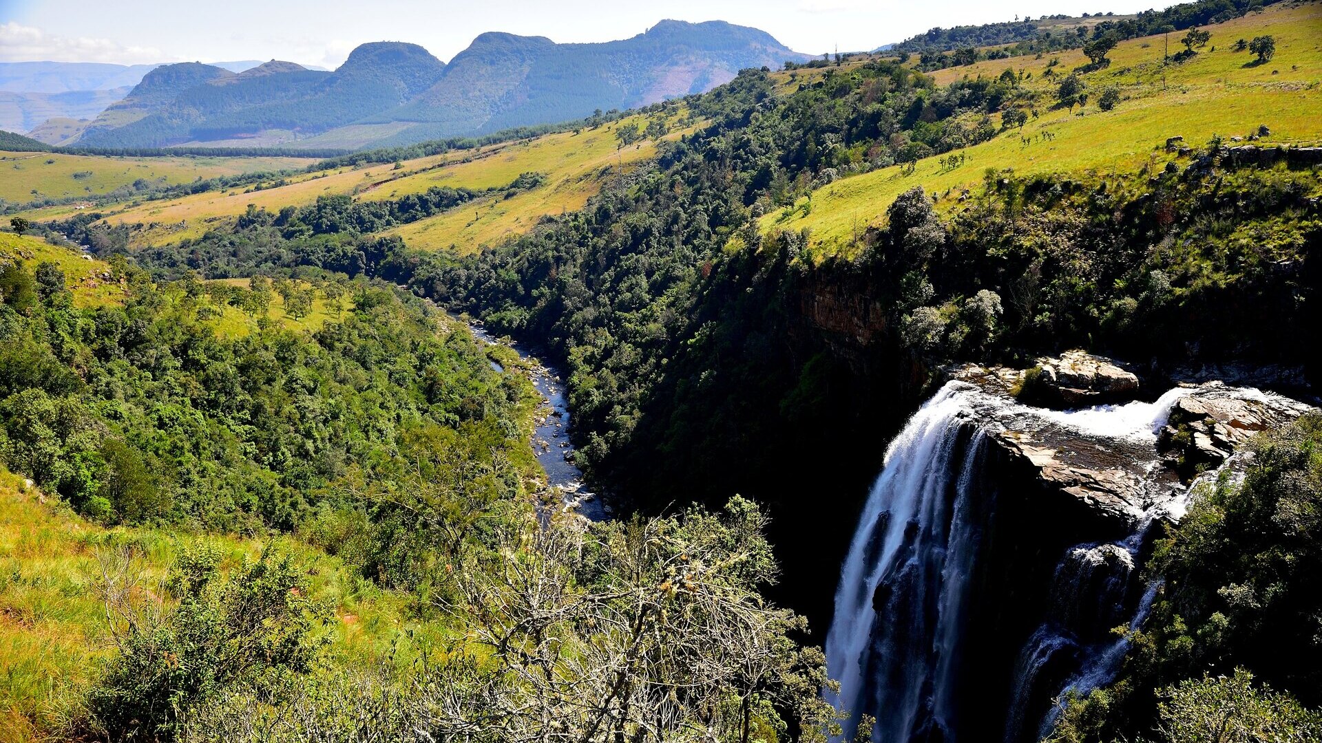 A waterfall spilling into a forested river gorge on the Panorama Route, with the Mpumalanga mountains beyond