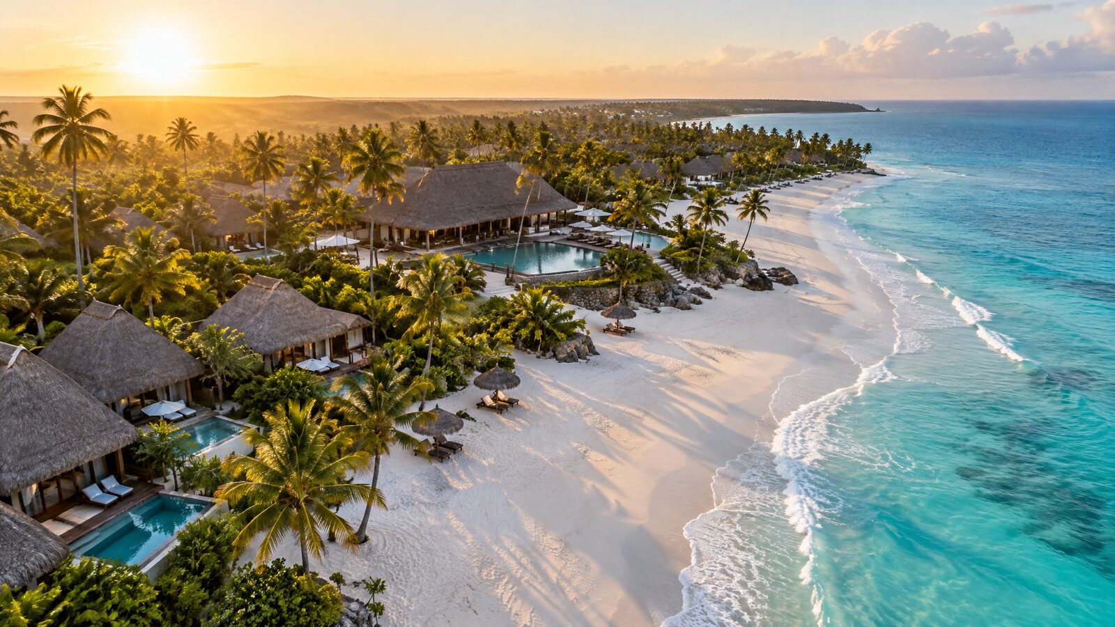 Aerial view of a Planhotel beach resort on the East African coast at dawn, white sand and turquoise Indian Ocean