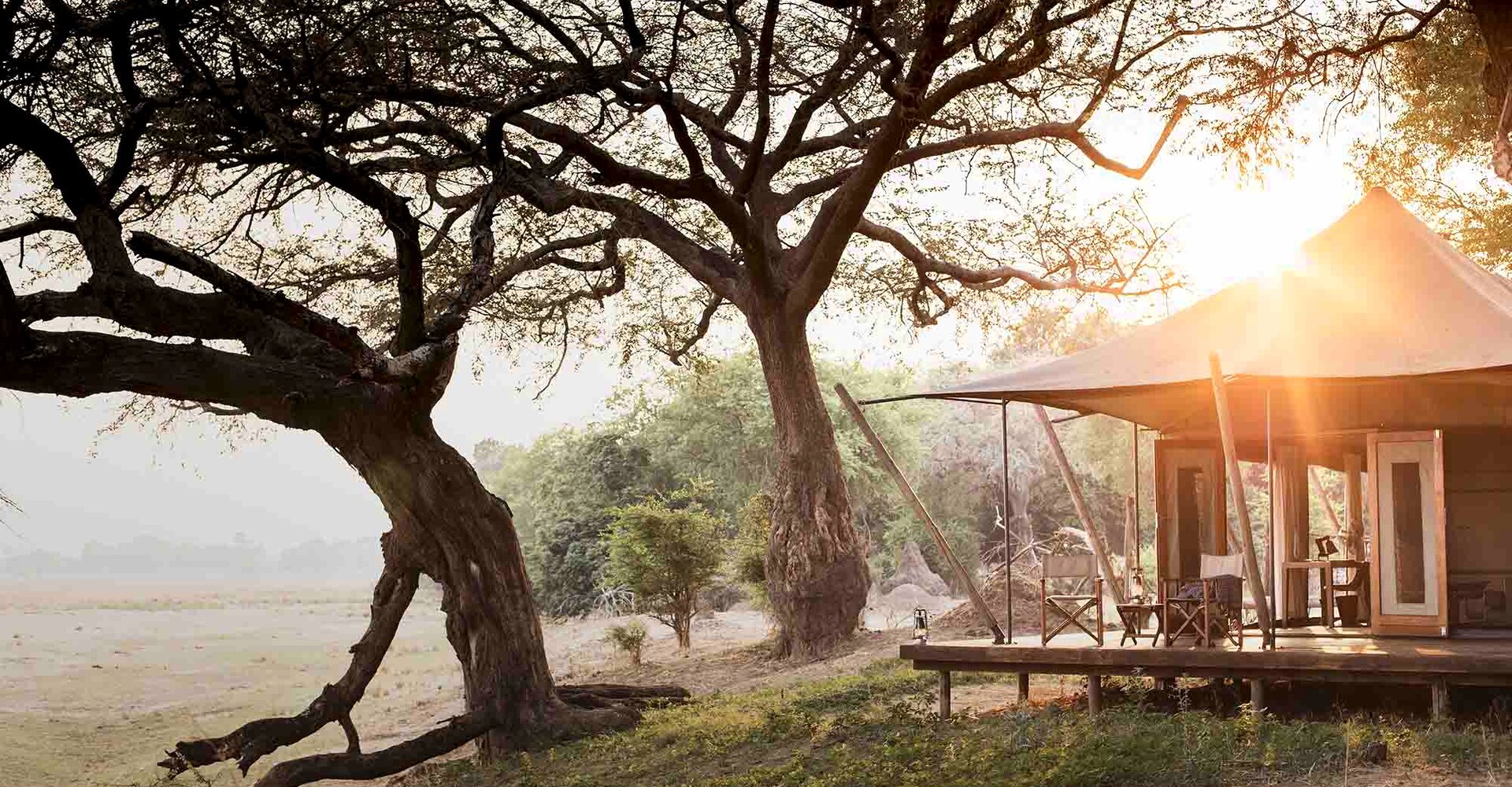 Elevated wooden decks overlooking the Zambezi at Ruckomechi Camp, Mana Pools