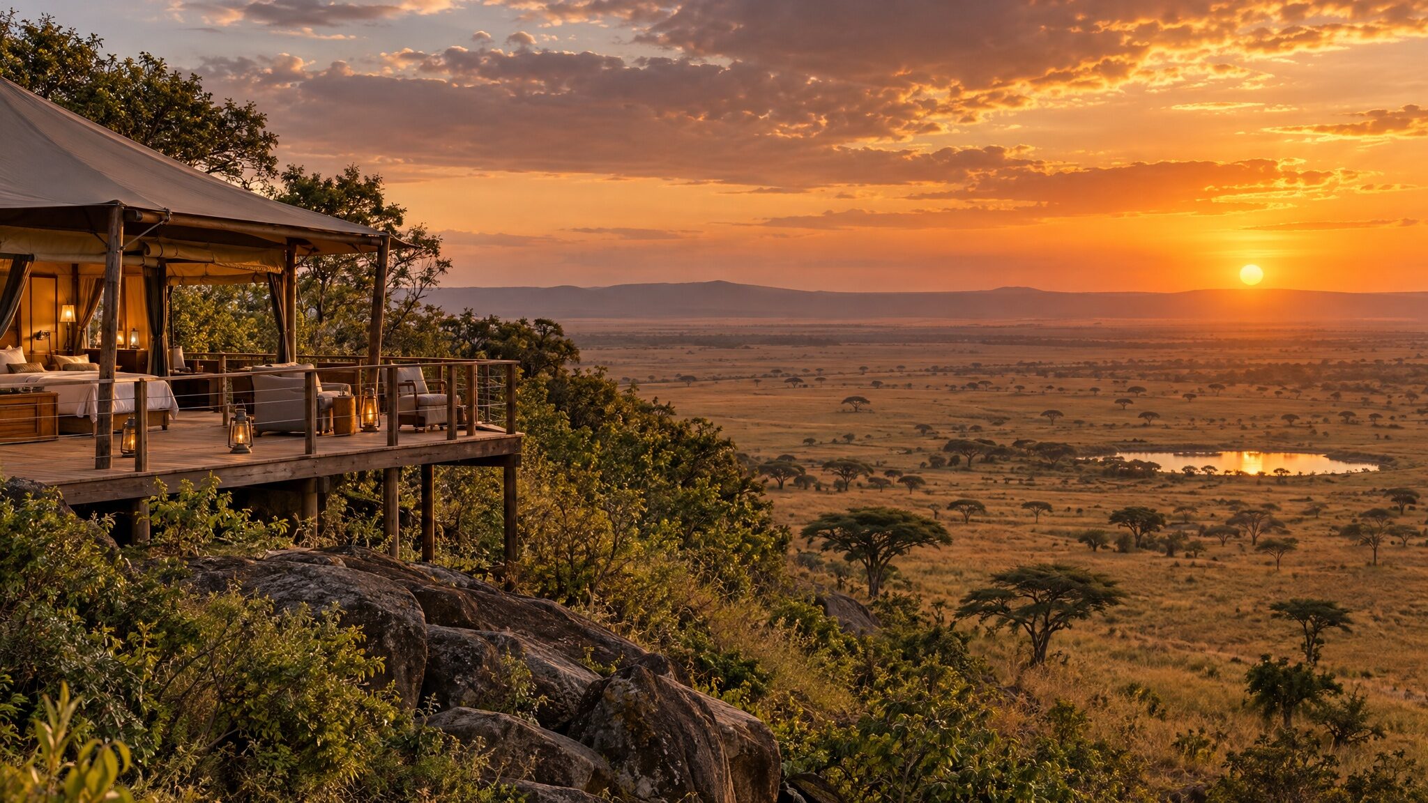 Saruni Eagle View tent on a raised deck high on the Naboisho escarpment above the Mara plains at golden hour