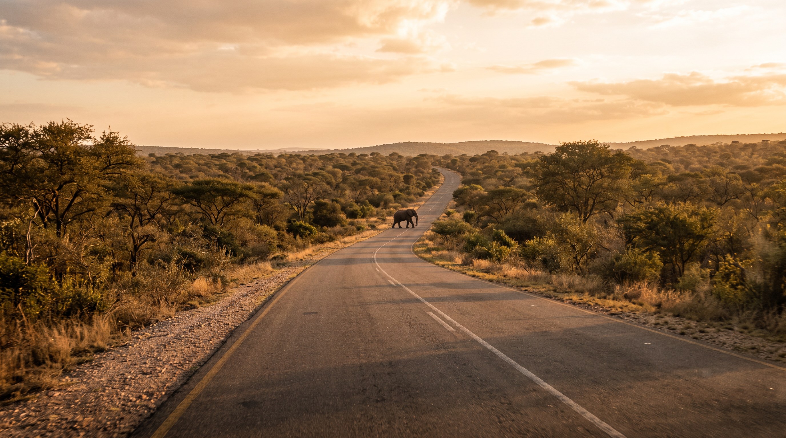 An elephant crossing an open tar road through golden-hour bushveld on a self-drive route in a South African national park — South Africa is the best self-drive safari country in Africa