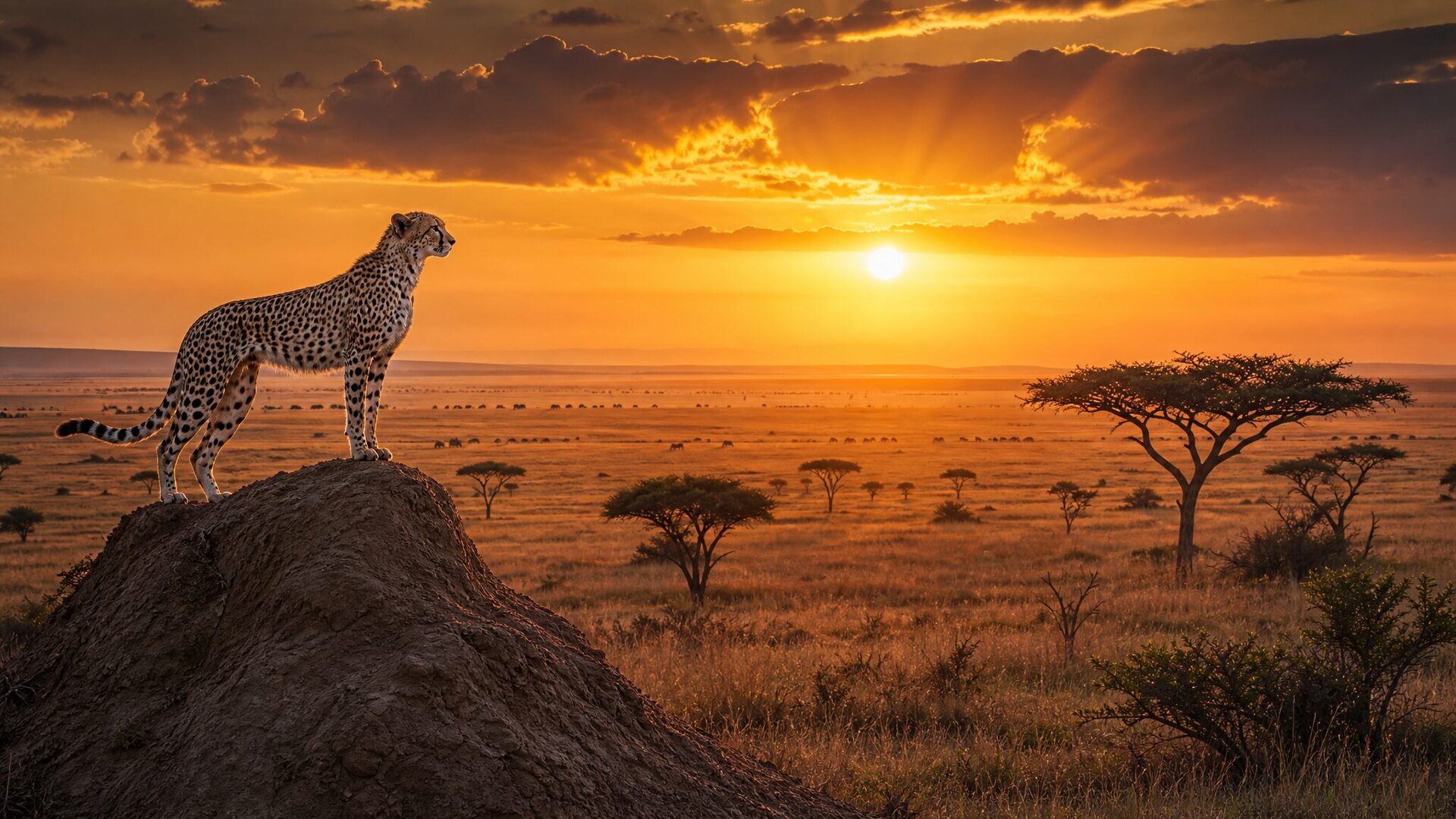 Safari vehicle watching the Great Migration across the Serengeti plains at sunrise — Serengeti safari packages 2026
