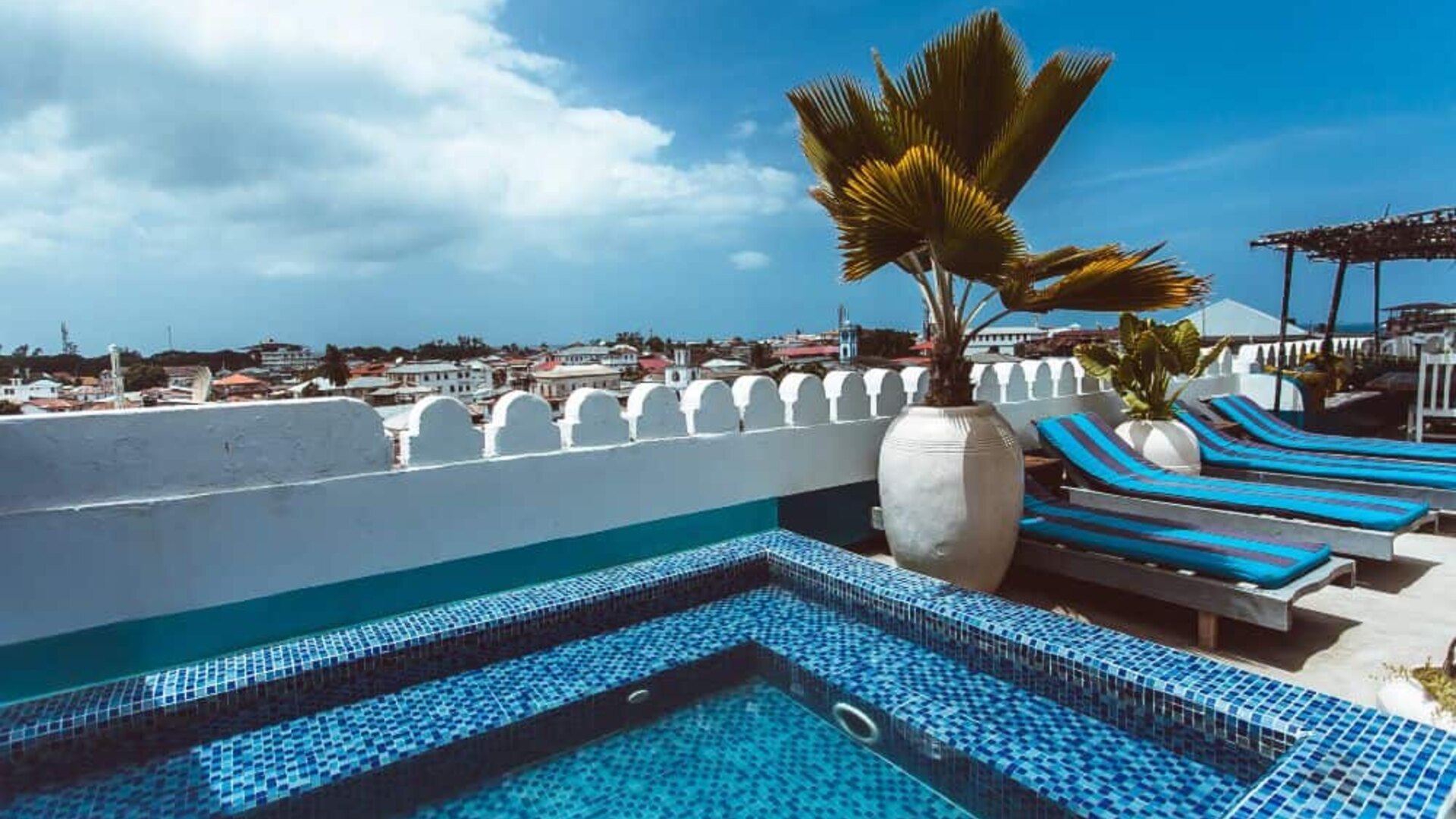 Rooftop plunge pool and sun deck at The Swahili House in Stone Town, Zanzibar, with a palm and the old town rooftops beyond