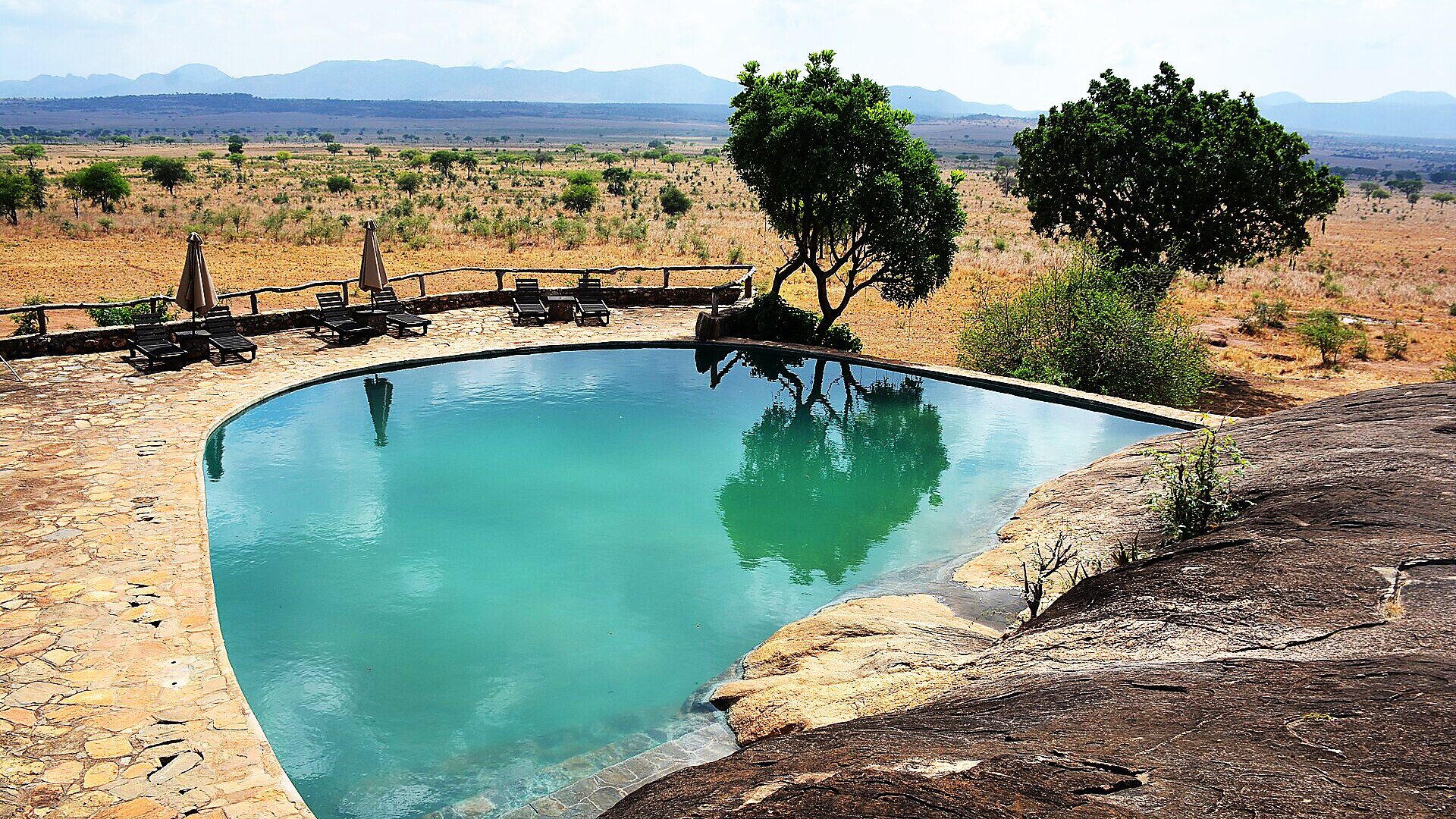 Riverside rock pool overlooking the plains at Thorntree River Lodge, Livingstone