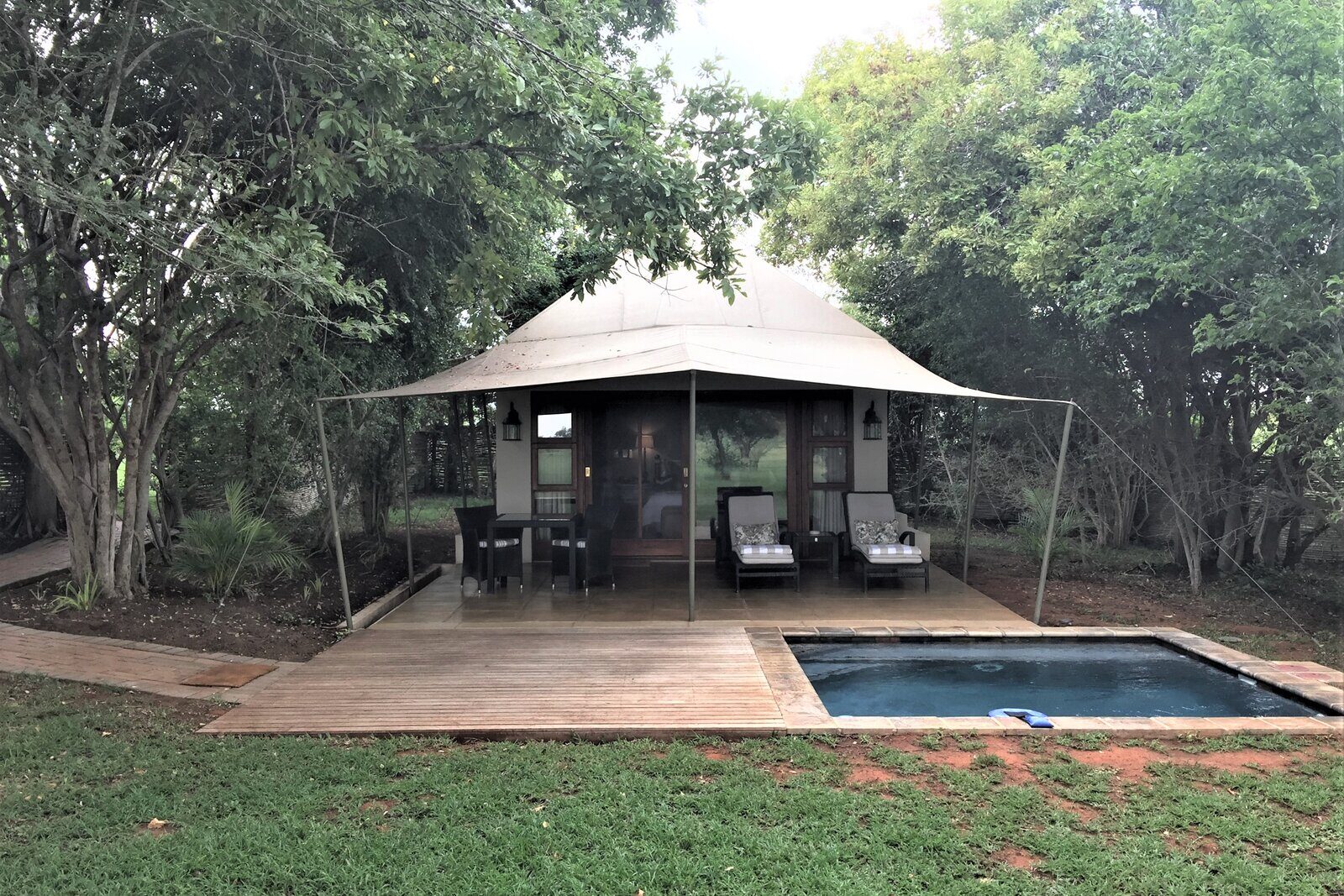 A private tented suite with a plunge pool overlooking the bush in the Timbavati Private Game Reserve at golden hour