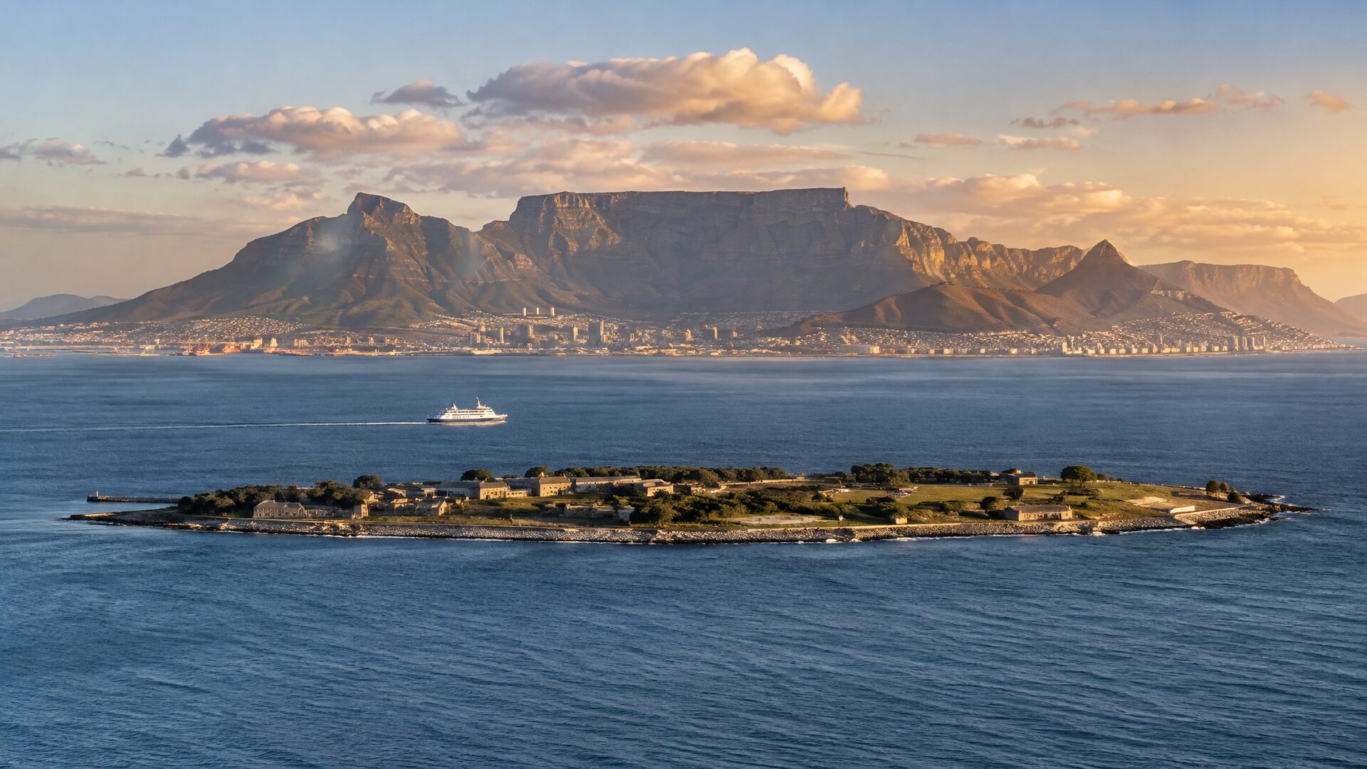 Robben Island across Table Bay with a ferry on the water and Table Mountain behind Cape Town in late-afternoon light