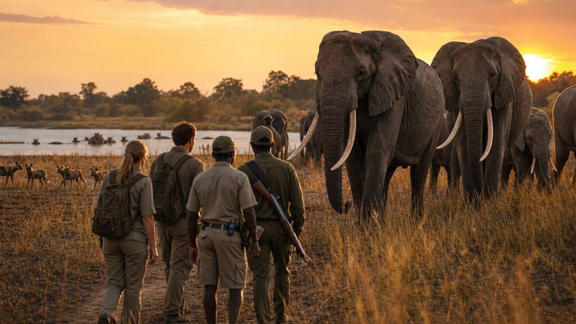 Golden light over the Luangwa River valley with hippos and open floodplains in Zambia