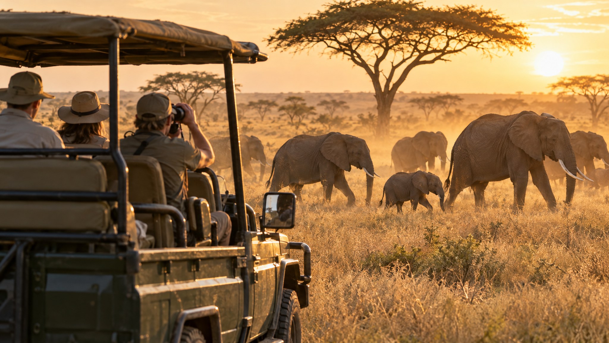 Travellers in an open game-drive vehicle watching a herd of elephants cross golden grassland in late-afternoon light