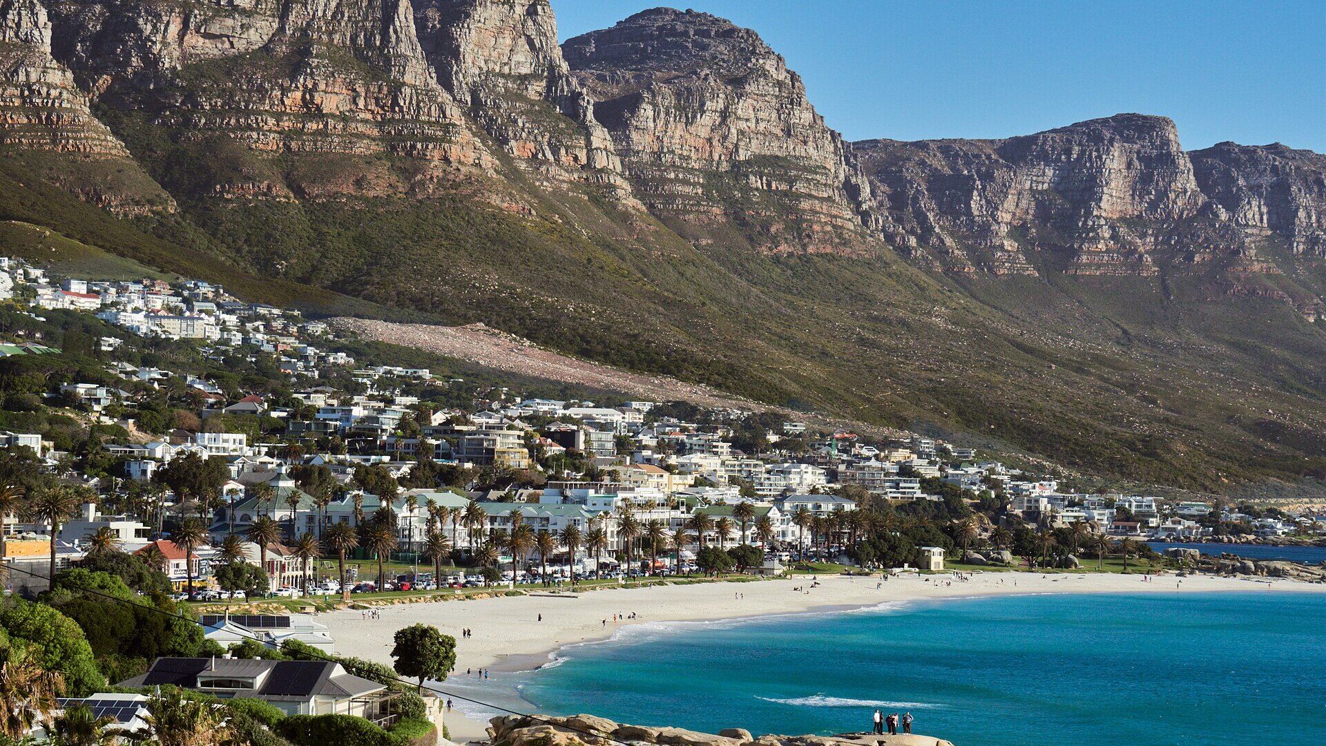 Camps Bay and the Atlantic Seaboard below the Twelve Apostles at golden hour in Cape Town