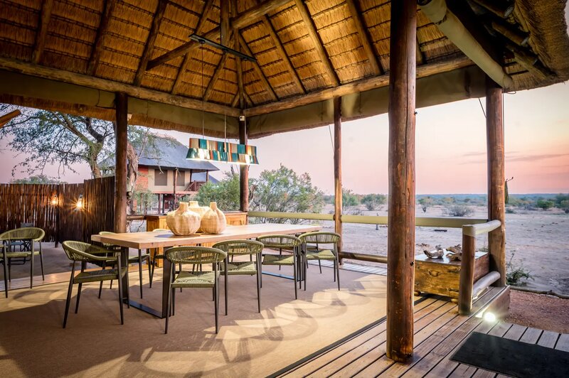 nThambo Tree Camp dining area set for dinner in the Klaserie bush
