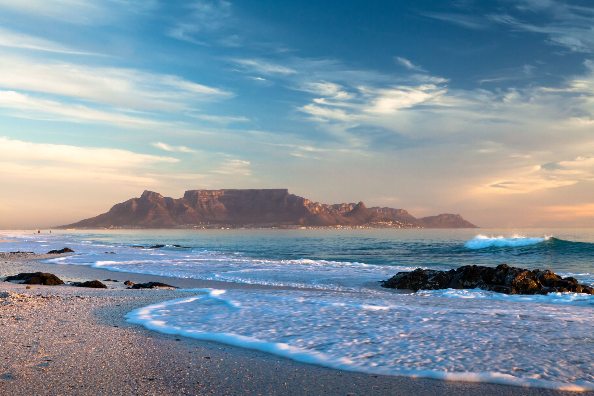 Table Mountain at sunrise with the city below