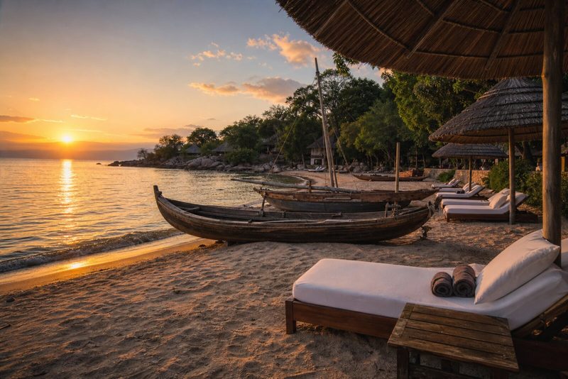 Private sandy beach at Tanganyika Blue Bay Resort