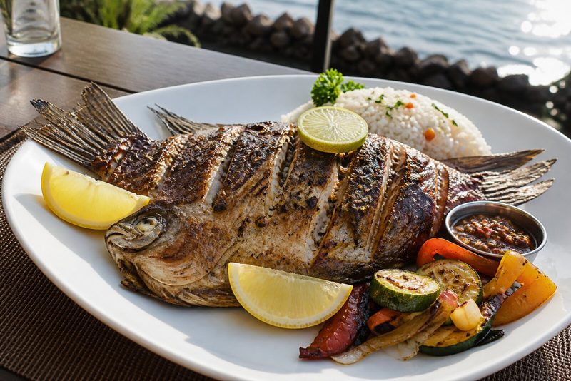 Grilled Lake Tanganyika tilapia served at the resort