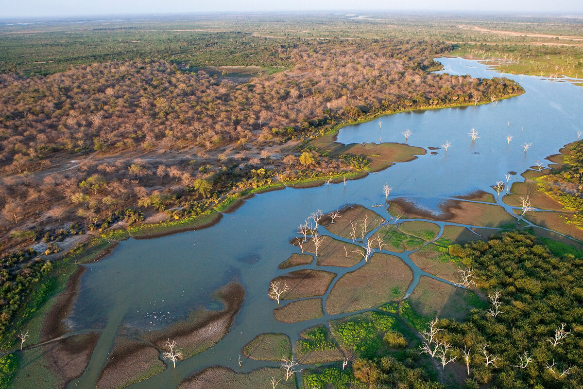 Aerial view of the Okavango Delta channels around Rra Dinare's concession