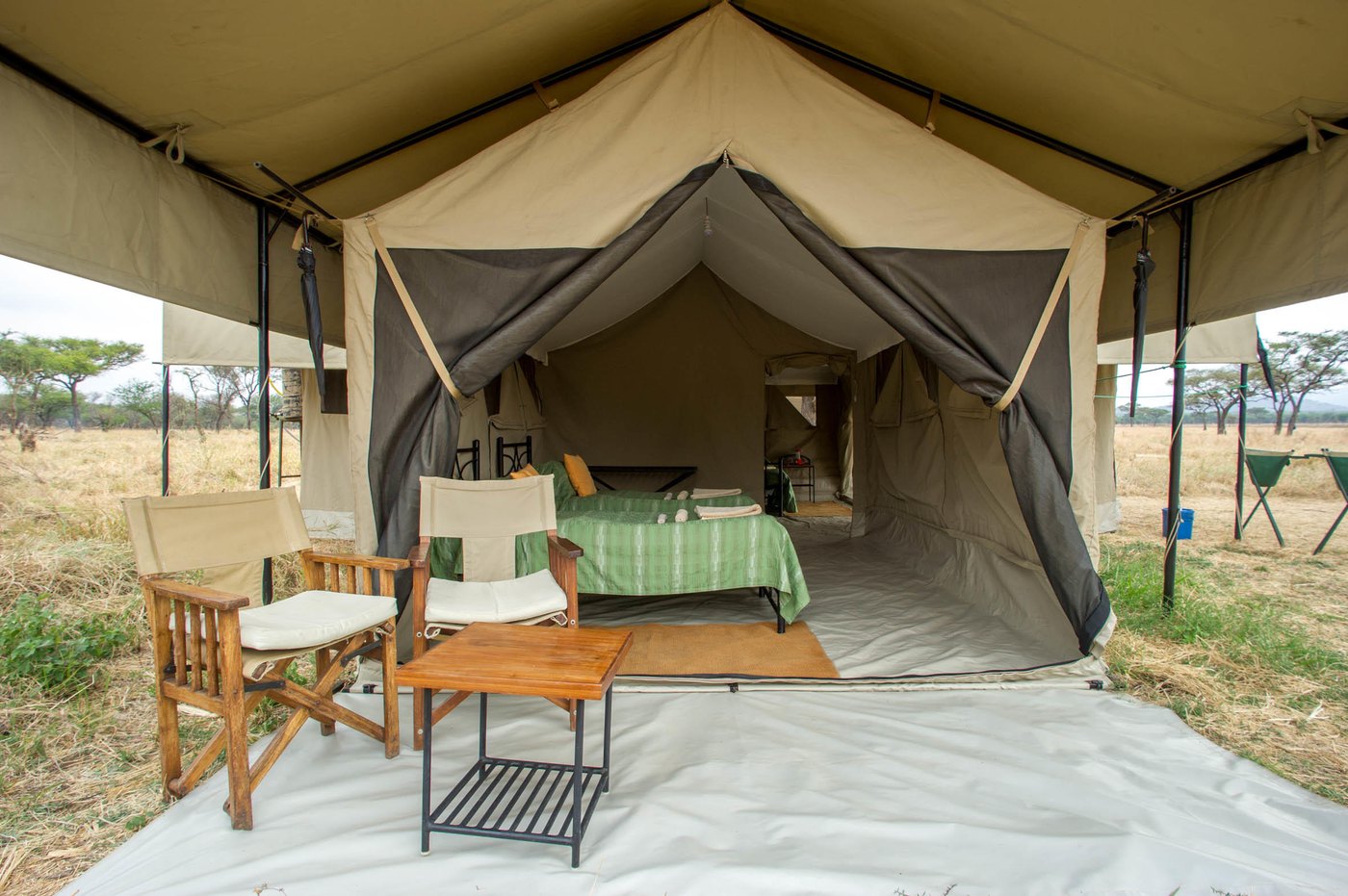 A Meru-style tent interior at Kati Kati Tented Camp, central Serengeti