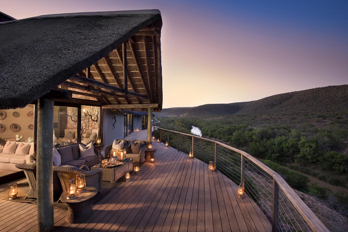 Kwandwe Great Fish River Lodge deck overlooking the river valley, Eastern Cape