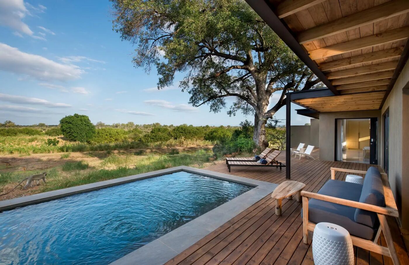Rim-flow pool and riverside deck at Lion Sands, Sabi Sand Game Reserve