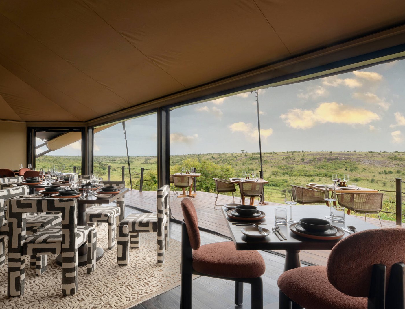 Sail-like tented suites on the hillside at Mahali Mzuri, Kenya