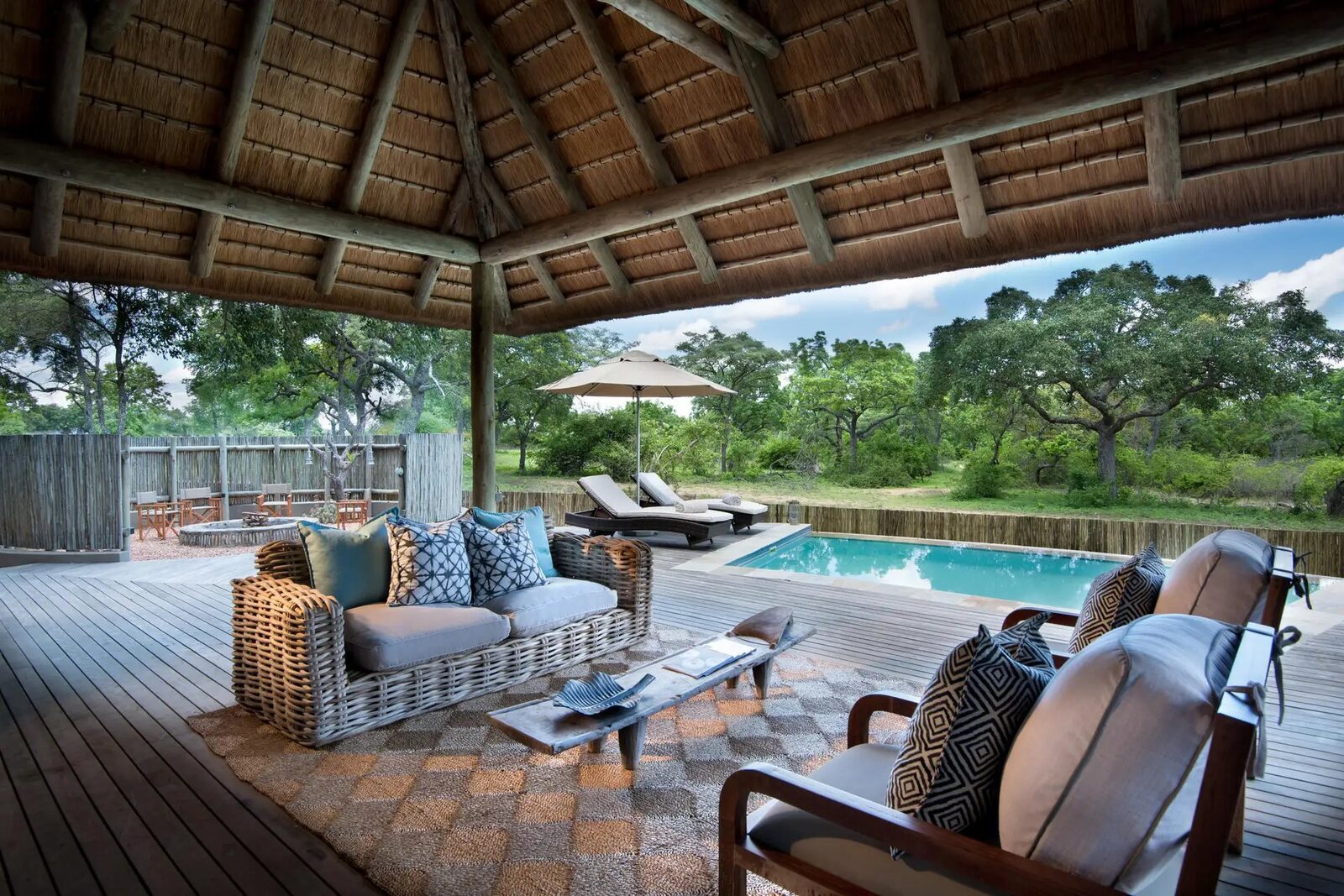 Open lounge and pool area at Makanyi Private Game Lodge in the Greater Kruger