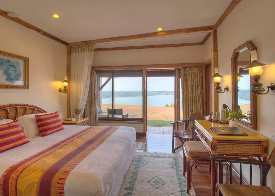 Mweya Safari Lodge on a peninsula over the Kazinga Channel in Queen Elizabeth National Park