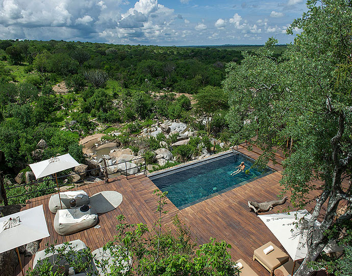 Mwiba Lodge deck and pool overlooking a river gorge in the southern Serengeti