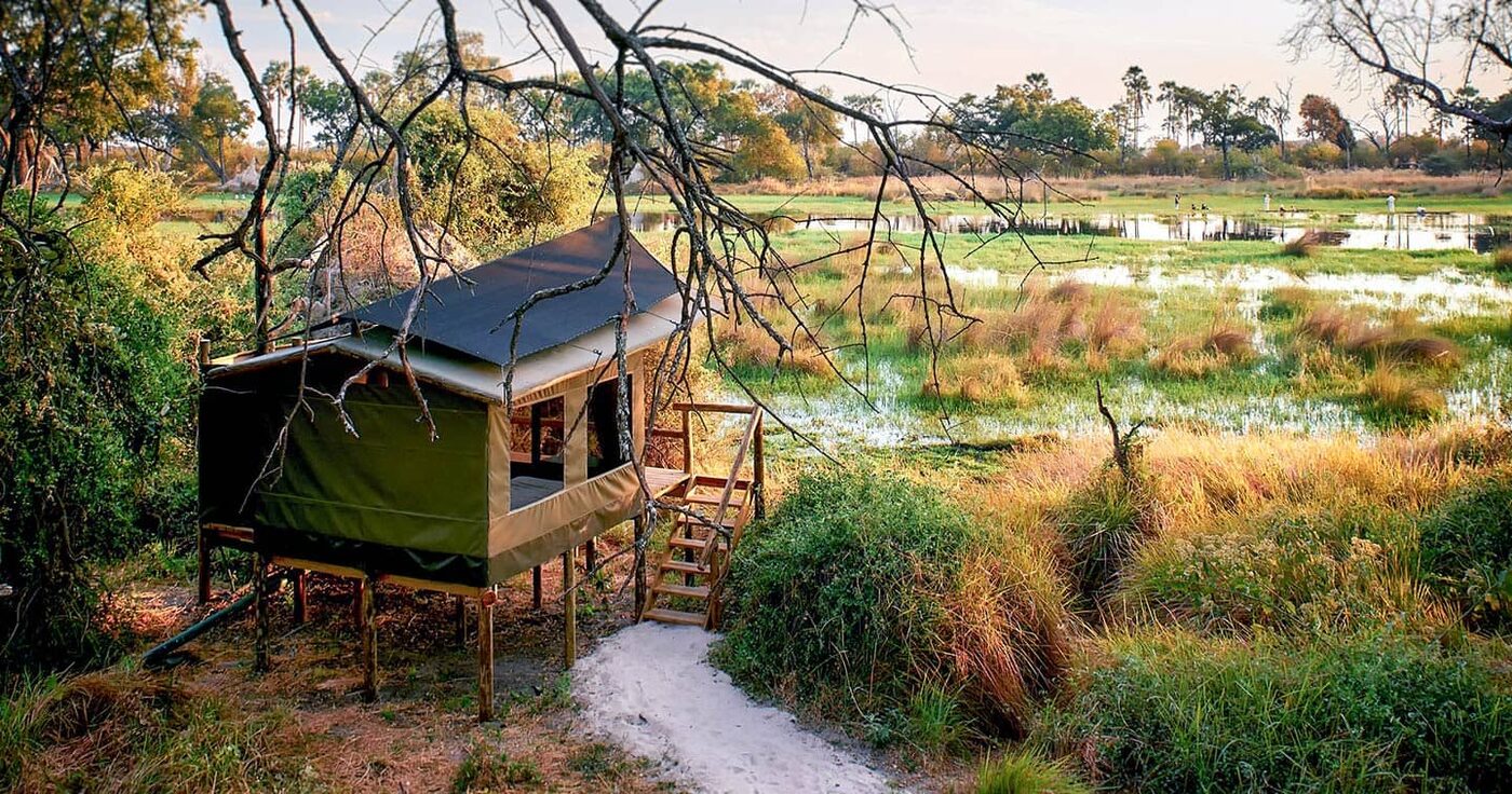 Oddballs Camp tent exterior overlooking delta