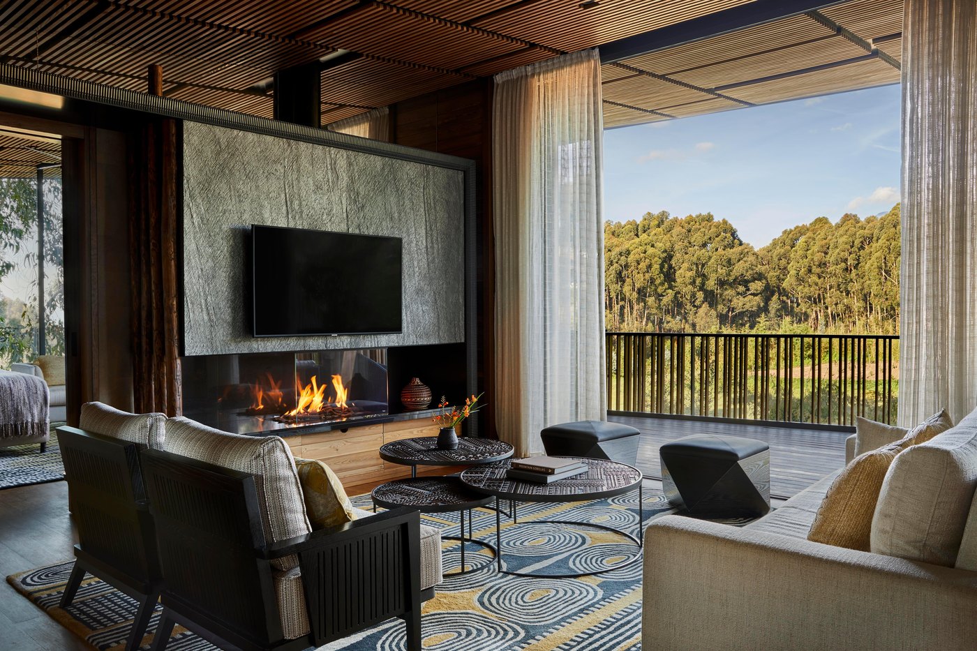 One&Only Gorilla's Nest lodge among towering eucalyptus at the foot of the volcanoes, Rwanda