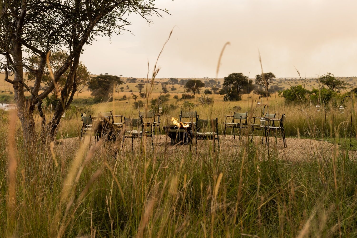 Bush breakfast laid out in the grass beside Singita Mara River Tented Camp