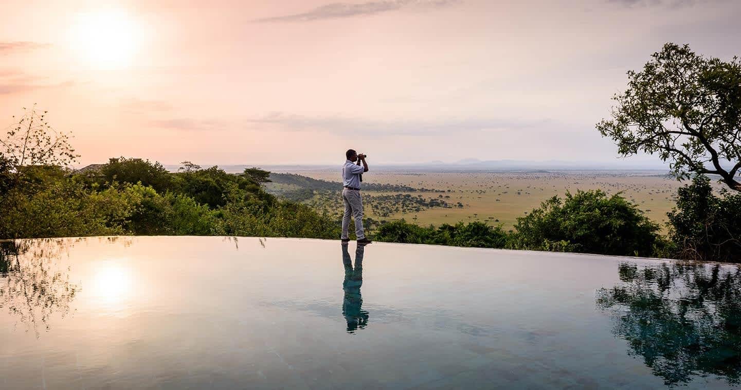 A hillside suite and private plunge pool at Singita Sasakwa overlooking the Serengeti plains