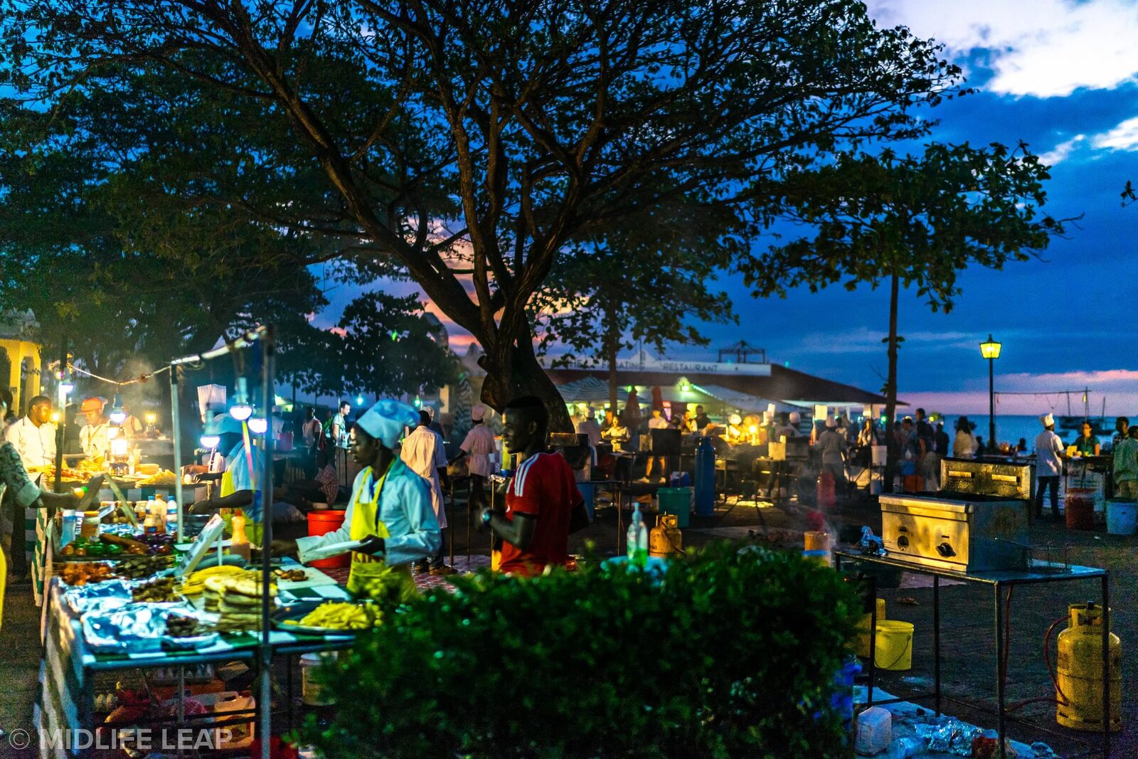 Forodhani Gardens night food market at sunset, Stone Town waterfront