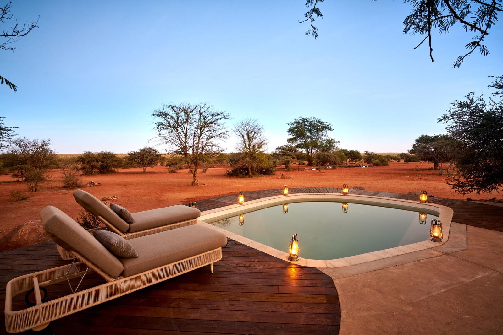 Tswalu Kalahari lodge exterior in the red-dune Kalahari, South Africa