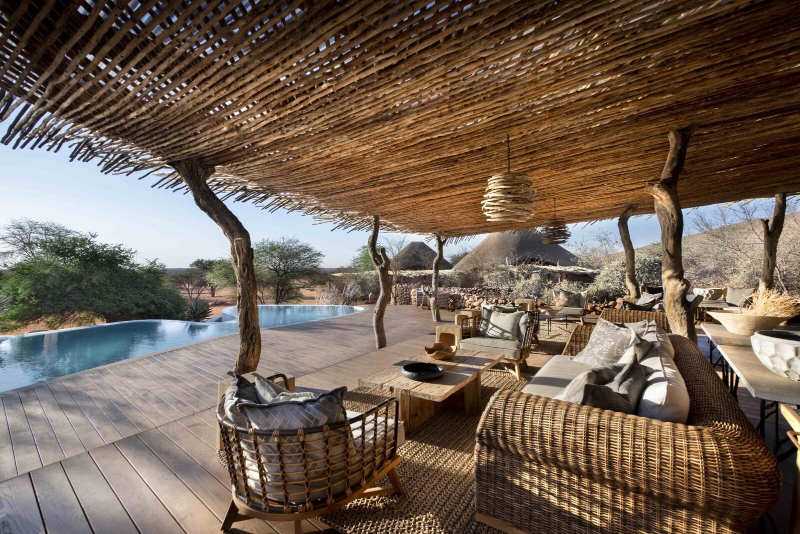 Tswalu Kalahari private plunge pool and deck at golden hour