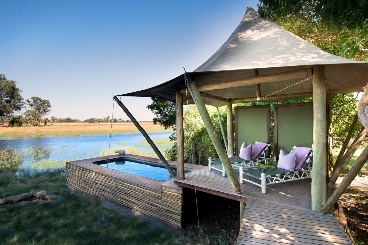Xaranna Okavango Delta Camp private deck and star-bed platform overlooking the lagoon