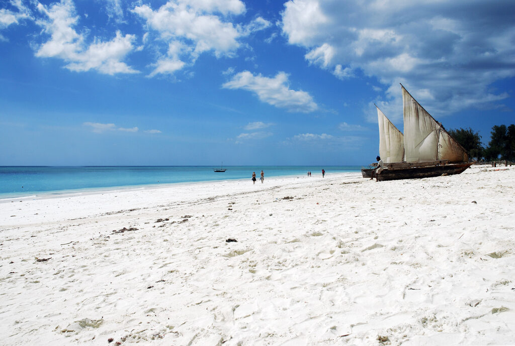 White sand and dhows on the beach at Nungwi, Zanzibar