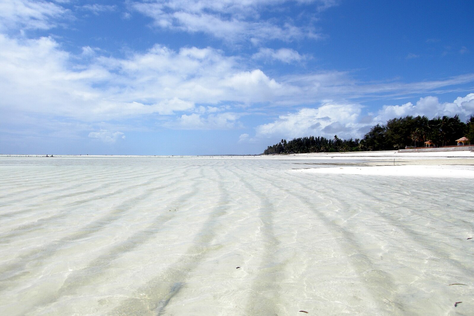 The wide white-sand flats of Zanzibar's southeast coast exposed at low tide