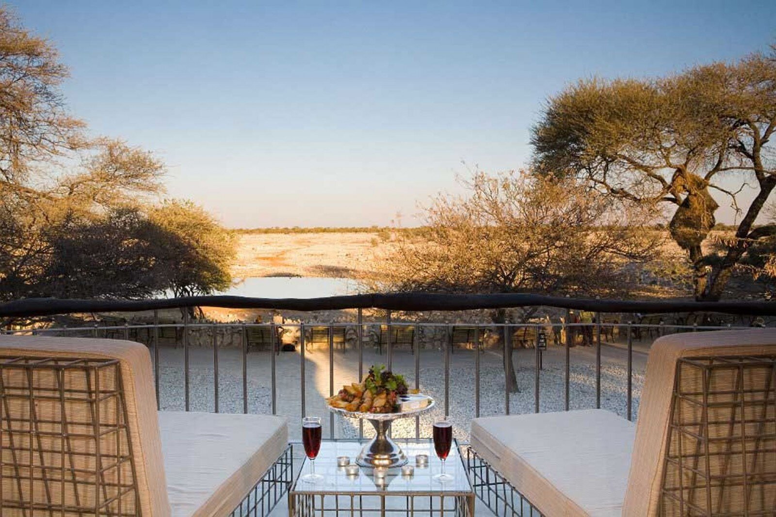 Aerial view of Okaukuejo Rest Camp and its famous waterhole, Etosha