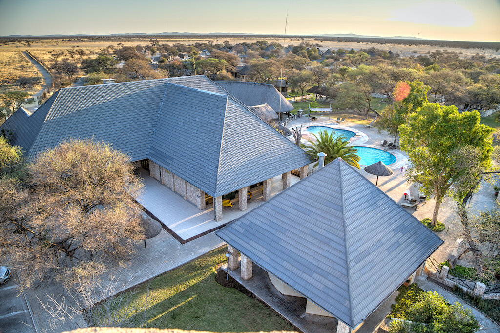 The floodlit waterhole terrace at Okaukuejo Rest Camp, Etosha